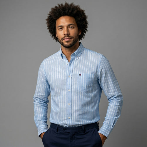 Camisa de Lino a Rayas Finas — Corte Smart Casual Fresco